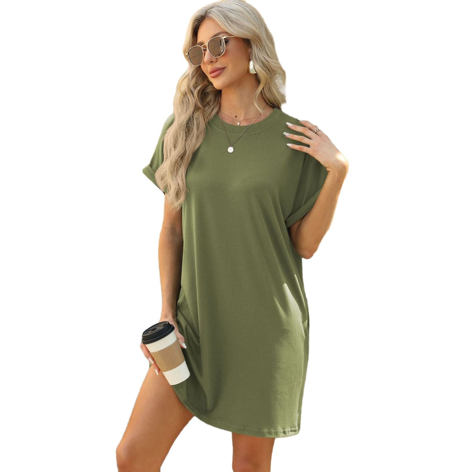 Женские платья Shirt Dress Summer Casual Short Sleeve Crewneck Mini Dresses with Pocket