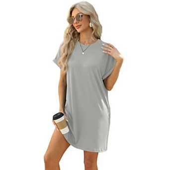 Womens Shirt Dress Summer Casual Short Sleeve Crewneck Mini Dresses with Pocket