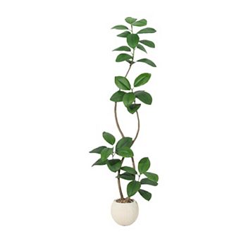 6FT Artificial Plant Rubber Tree with White Sphere Resin Planter & Stone Faux Tree