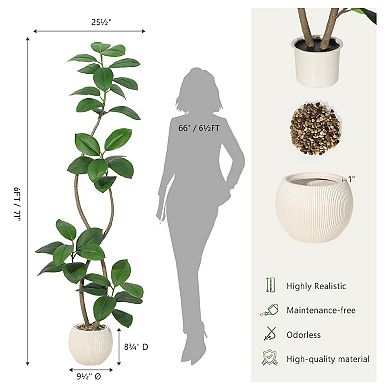 6FT Artificial Plant Rubber Tree with White Sphere Resin Planter & Stone Faux Tree
