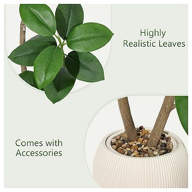 6FT Artificial Plant Rubber Tree with White Sphere Resin Planter & Stone Faux Tree