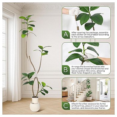 6FT Artificial Plant Rubber Tree with White Sphere Resin Planter & Stone Faux Tree