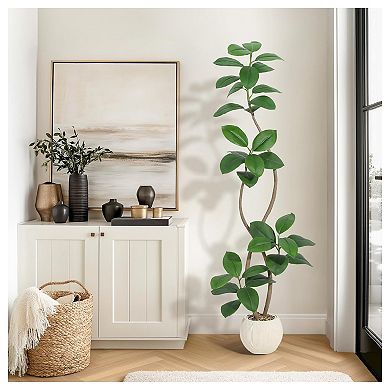 6FT Artificial Plant Rubber Tree with White Sphere Resin Planter & Stone Faux Tree