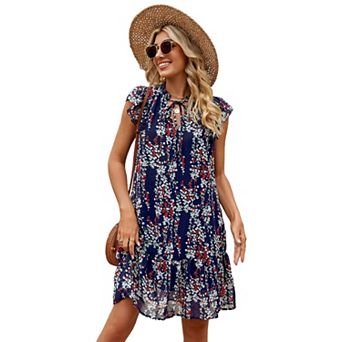 Women Mini Summer Dress V Neck Ruffle Sleeve Boho Flowy Shift Short Dress