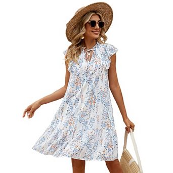 Women Mini Summer Dress V Neck Ruffle Sleeve Boho Flowy Shift Short Dress