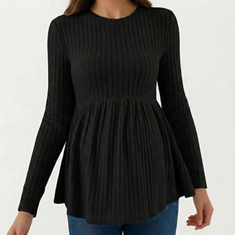 Maternity Ribbed Long Sleeve Babydoll Shirt Empire Waist Peplum Top