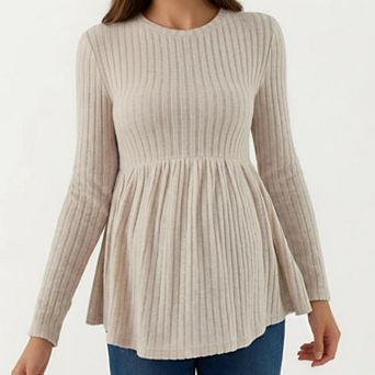 Maternity Ribbed Long Sleeve Babydoll Shirt Empire Waist Peplum Top