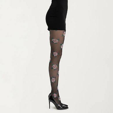 Women's Sheer Floral Pattern Tights with All Over Rose Print Design ...