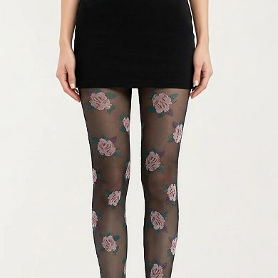 Women's Sheer Floral Pattern Tights with All Over Rose Print Design ...