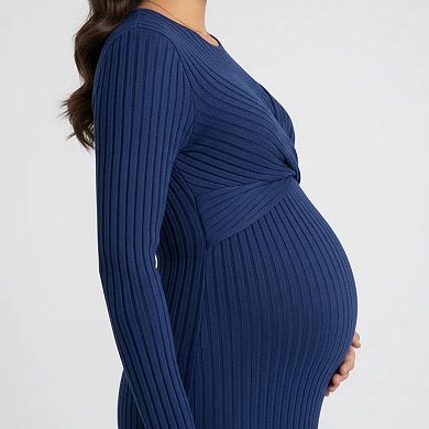 Women's Ribbed Knit Bodycon Maternity Dress - Long Sleeve Twist Front Stretch Midi