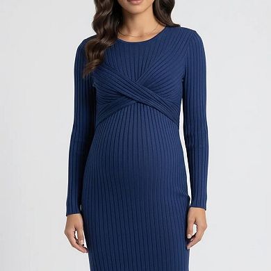 Women's Ribbed Knit Bodycon Maternity Dress - Long Sleeve Twist Front Stretch Midi