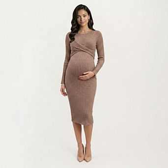 Women's Ribbed Knit Bodycon Maternity Dress - Long Sleeve Twist Front Stretch Midi