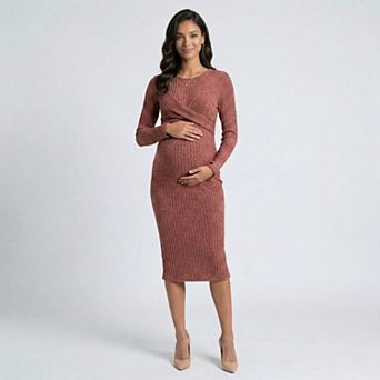 Women's Ribbed Knit Bodycon Maternity Dress - Long Sleeve Twist Front Stretch Midi