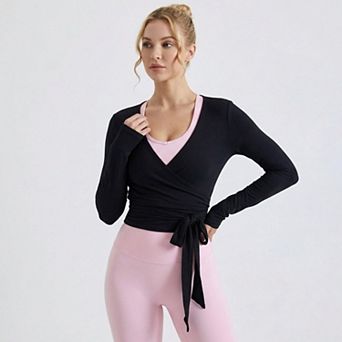 Women's Pilates Wrap Top - Long Sleeve V-Neck Cropped Gym Cover Up Balletcore Workout Shirt