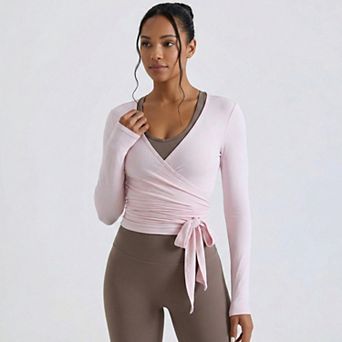 Women's Pilates Wrap Top - Long Sleeve V-Neck Cropped Gym Cover Up Balletcore Workout Shirt