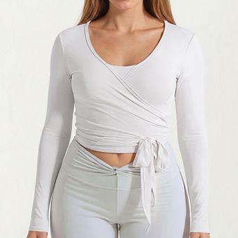 Women's Pilates Wrap Top - Long Sleeve V-Neck Cropped Gym Cover Up Balletcore Workout Shirt