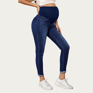 Women's Soft Stretch Maternity Jeans with Full Belly Panel and Smooth Skinny Silhouette