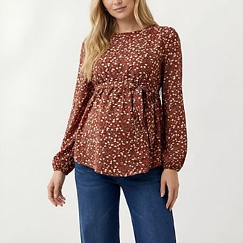 Women's Boho Floral Maternity Blouse - Flowy Peplum Long Sleeve Babydoll Top