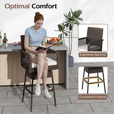 29-Inch Patio 360-Degree Swivel Bar Stool with Woven Armrests and Cushion