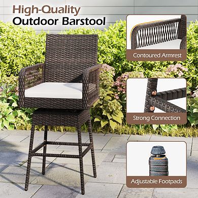 29-Inch Patio 360-Degree Swivel Bar Stool with Woven Armrests and Cushion