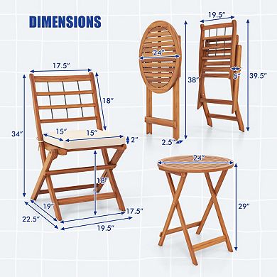 3-Piece Acacia Wood Patio Bistro Set with Seat Cushions