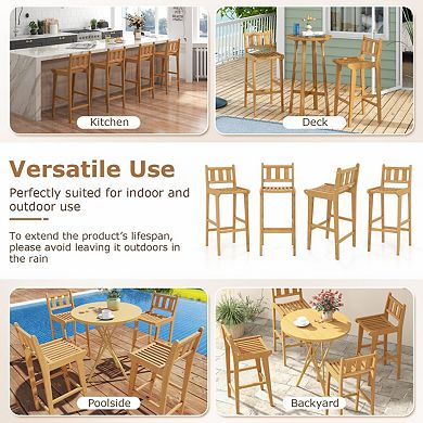 30-Inch Teak Wood Outdoor Bar Chair with Backrest and Footrest