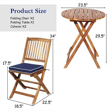 3-Piece Folding Patio Bistro Set with Cushions and Round Table