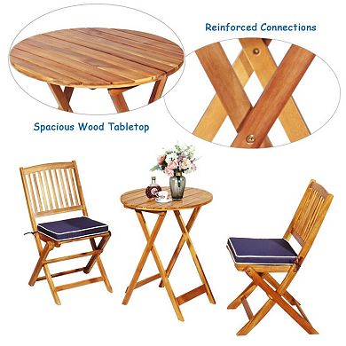 3-Piece Folding Patio Bistro Set with Cushions and Round Table
