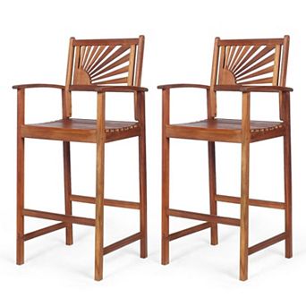 2 pc Outdoor Acacia Wood Bar Chairs with Sunflower Back and Armrests