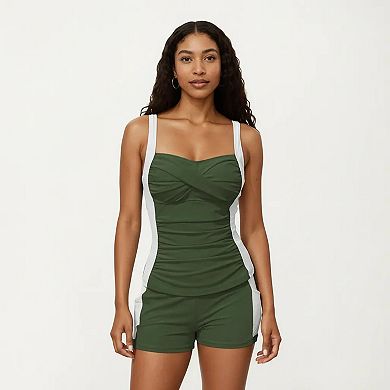 Women's 2-Piece Set Color Block Tankini Top with Boyshort Bottom Swim Set