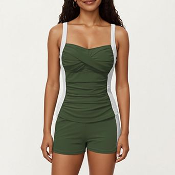 Women's 2 pc Set Color Block Tankini Top with Boyshort Bottom Swim Set