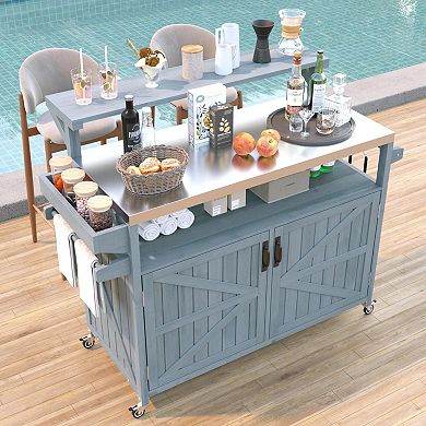 53.3inch Outdoor Kitchen Island with Raised Shelf, Solid Wood Storage Cabinet, Rolling Grill Cart