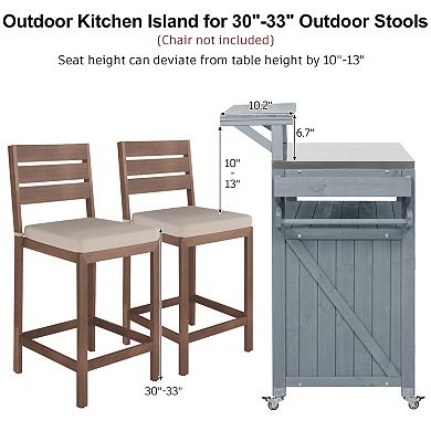 53.3inch Outdoor Kitchen Island with Raised Shelf, Solid Wood Storage Cabinet, Rolling Grill Cart