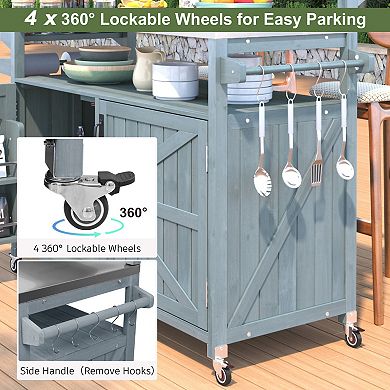 53.3inch Outdoor Kitchen Island with Raised Shelf, Solid Wood Storage Cabinet, Rolling Grill Cart