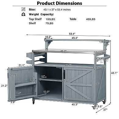53.3inch Outdoor Kitchen Island with Raised Shelf, Solid Wood Storage Cabinet, Rolling Grill Cart