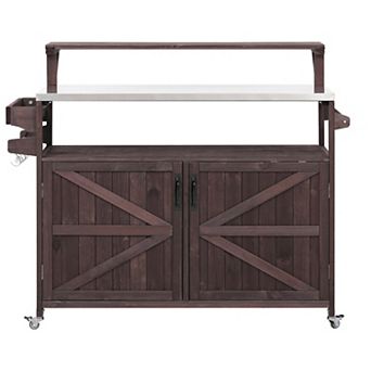 53.3inch Outdoor Kitchen Island with Raised Shelf, Solid Wood Storage Cabinet, Rolling Grill Cart