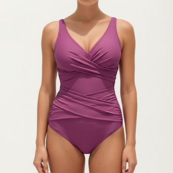 Women's One Piece Swimsuit with Surplice V Neck and Ruched Crossover Waist Detail