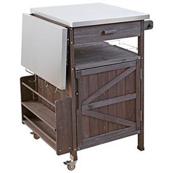 40.5inch Outdoor Grill Cart with Stainless Steel Top, Solid Wood Storage Cabinet with Drop Leaf