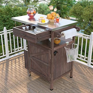 40.5inch Outdoor Grill Cart with Stainless Steel Top, Solid Wood Storage Cabinet with Drop Leaf
