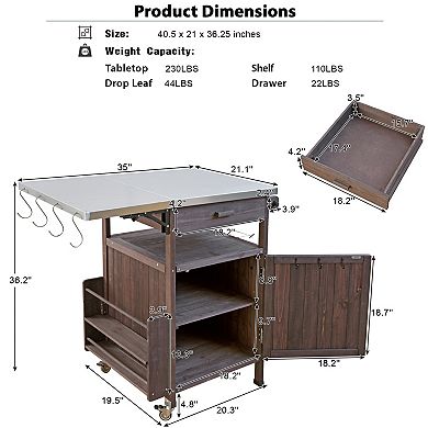 40.5inch Outdoor Grill Cart with Stainless Steel Top, Solid Wood Storage Cabinet with Drop Leaf