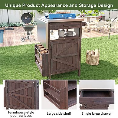 40.5inch Outdoor Grill Cart with Stainless Steel Top, Solid Wood Storage Cabinet with Drop Leaf