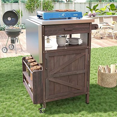 40.5inch Outdoor Grill Cart with Stainless Steel Top, Solid Wood Storage Cabinet with Drop Leaf