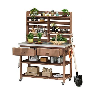 64.9inch Outdoor Potting Bench with Lockable Wheels, Solid Wood Kitchen Island with Upper Hutch