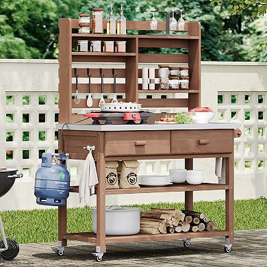 64.9inch Outdoor Potting Bench with Lockable Wheels, Solid Wood Kitchen Island with Upper Hutch