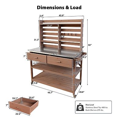 64.9inch Outdoor Potting Bench with Lockable Wheels, Solid Wood Kitchen Island with Upper Hutch