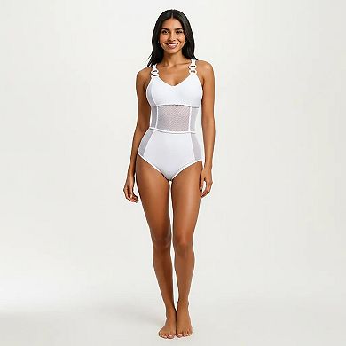 Women's Mesh Panel One Piece Swimsuit with Ring Strap Detail and Sculpted Fit
