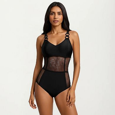 Women's Mesh Panel One Piece Swimsuit with Ring Strap Detail and Sculpted Fit