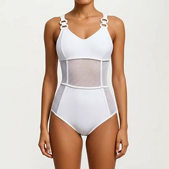 Women's Mesh Panel One Piece Swimsuit with Ring Strap Detail and Sculpted Fit