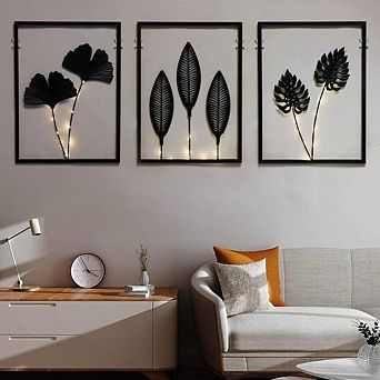 Black Wall Decor with Light Strips, Set of 3