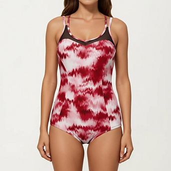Women's Tie Dye One Piece Swimsuit with Mesh Sweetheart Neckline and Racerback Straps